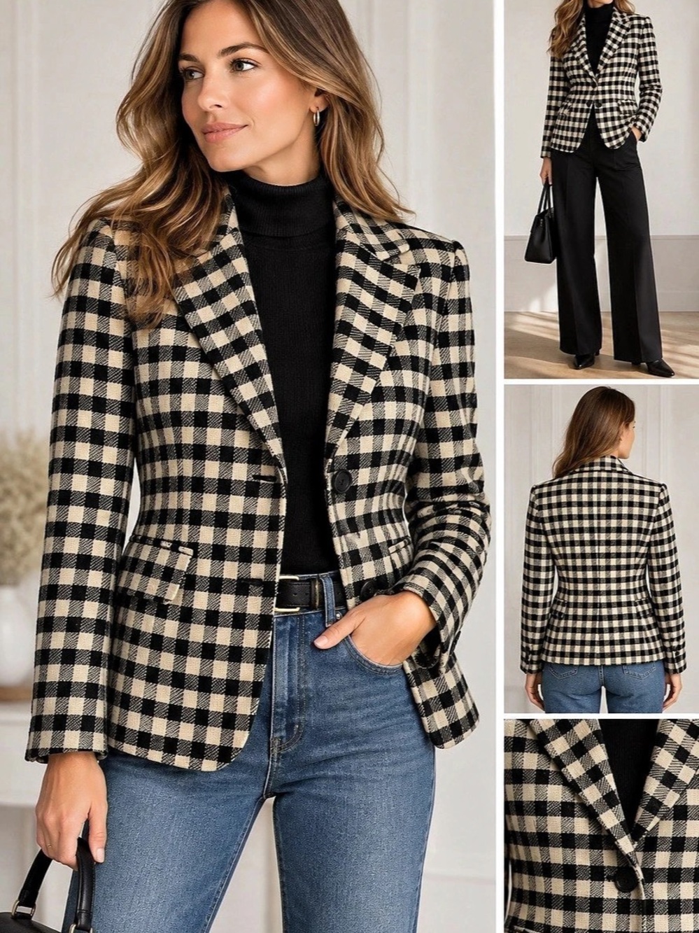 Limited America Black Cream Plaid Wool Blazer Jacket Size 8 Like New